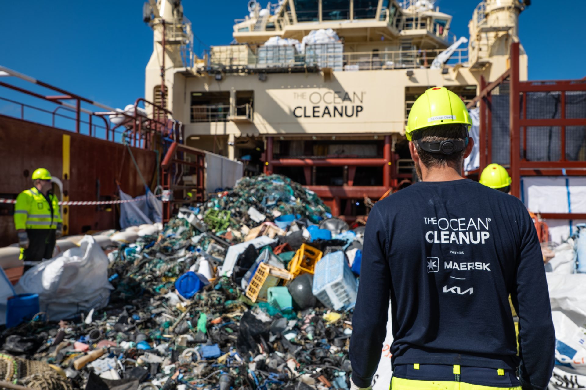Crew sorting and organising plastic extracted by System 03 on deck